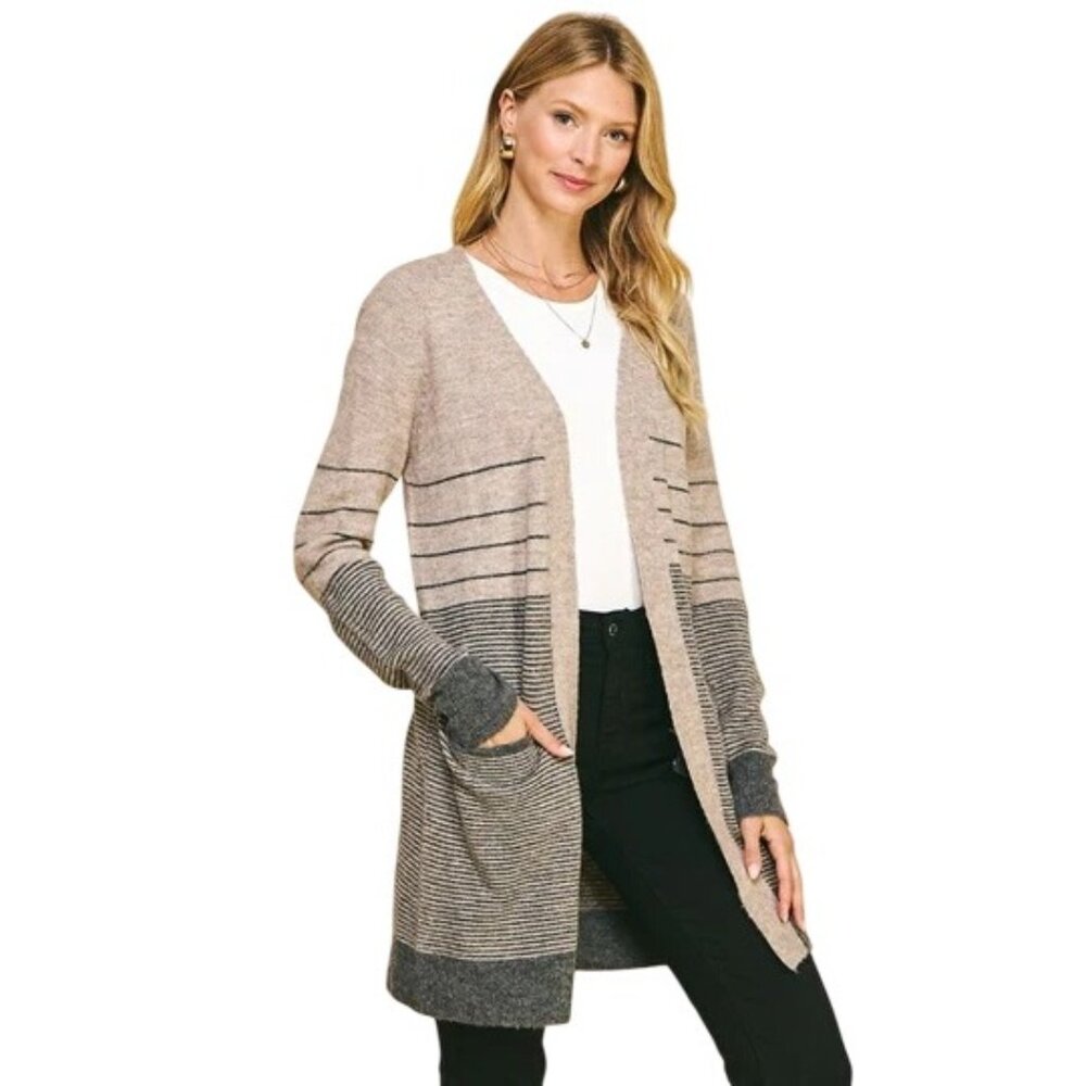 Pinch Duster Cardigan Size Small/Medium Striped Open Front Long Sleeve Knitwear